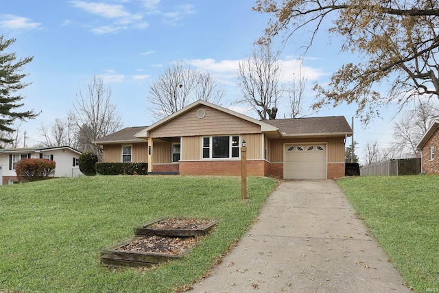 ranch-style house featuring a front yard and a garage