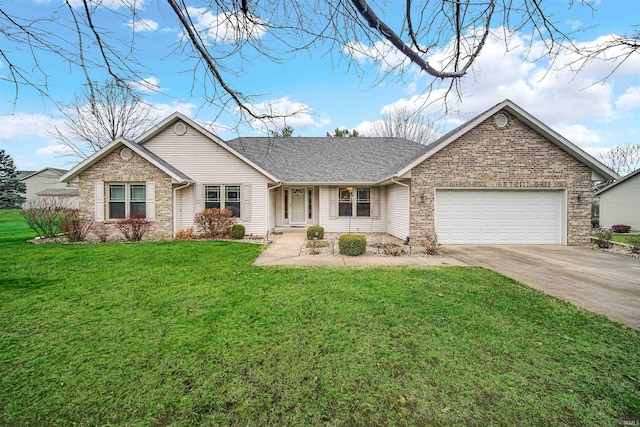 single story home featuring a front yard and a garage