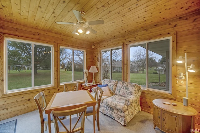 sunroom featuring ceiling fan and wood ceiling