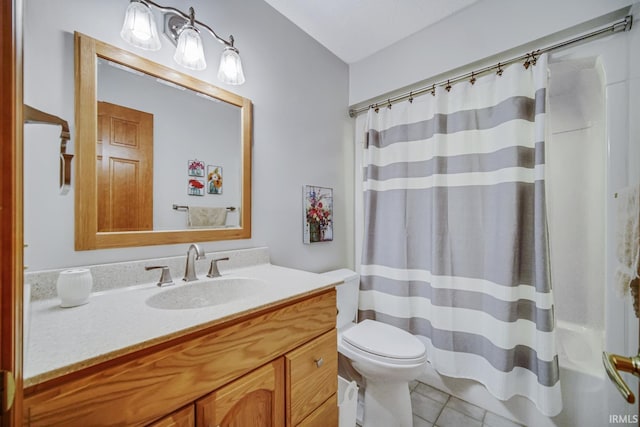 full bathroom featuring tile patterned floors, vanity, toilet, and shower / tub combo with curtain