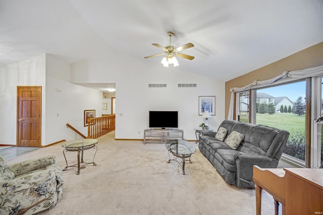 living room with light carpet, ceiling fan, and vaulted ceiling