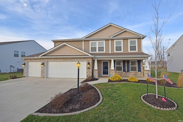 craftsman inspired home with a front lawn, a porch, and a garage