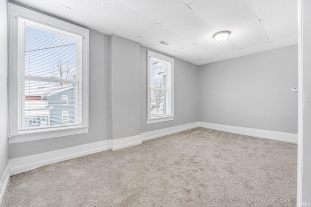 carpeted empty room featuring a healthy amount of sunlight and a drop ceiling