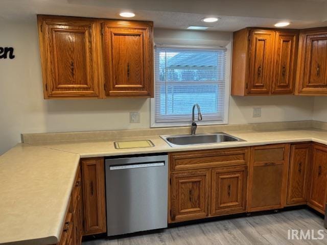 kitchen featuring sink, stainless steel dishwasher, and light hardwood / wood-style floors