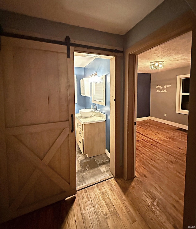 corridor with a barn door, wood-type flooring, and sink