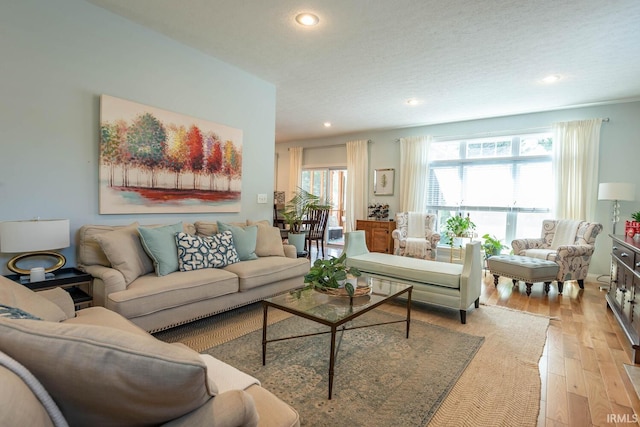 living room featuring a textured ceiling and light hardwood / wood-style flooring