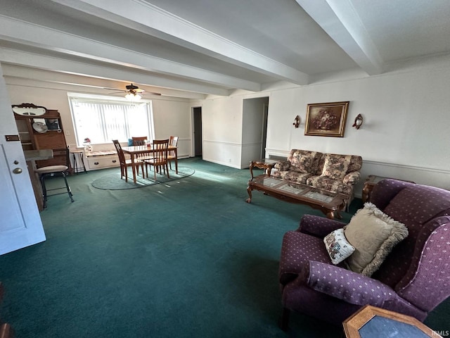 living room featuring carpet and beamed ceiling