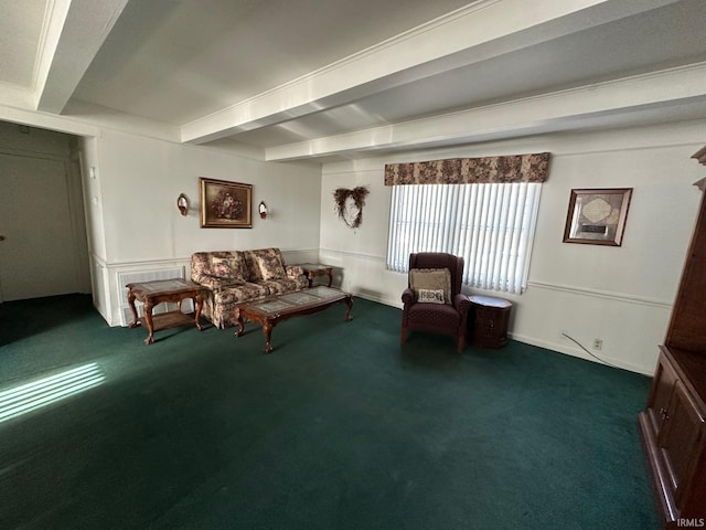 carpeted living room featuring beamed ceiling