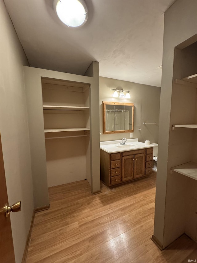 bathroom with vanity and hardwood / wood-style flooring