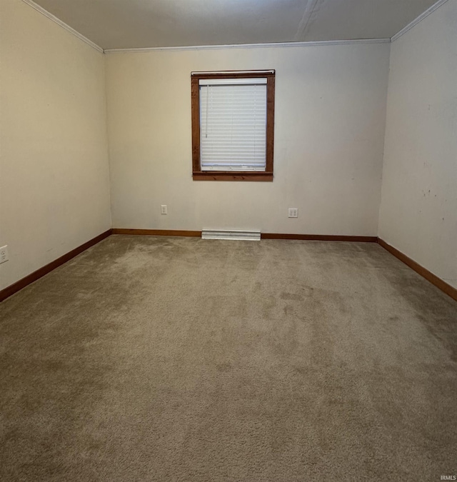 unfurnished room with crown molding, carpet flooring, and baseboard heating