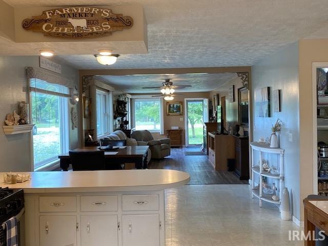 kitchen with black gas range oven, a textured ceiling, ceiling fan, light hardwood / wood-style flooring, and white cabinets