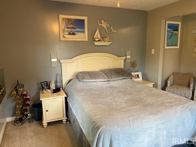 bedroom featuring carpet and a textured ceiling