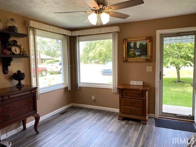 doorway to outside featuring dark hardwood / wood-style flooring, ceiling fan, plenty of natural light, and a textured ceiling