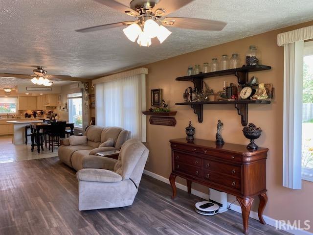 living room with a textured ceiling, dark hardwood / wood-style flooring, plenty of natural light, and ceiling fan