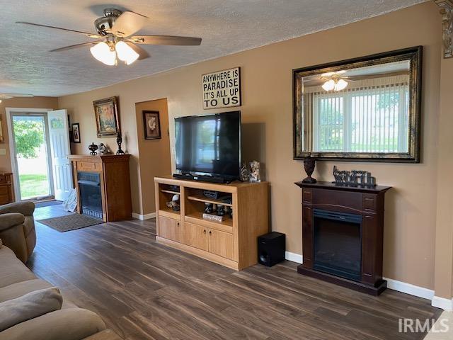 living room featuring dark hardwood / wood-style floors, ceiling fan, and a textured ceiling