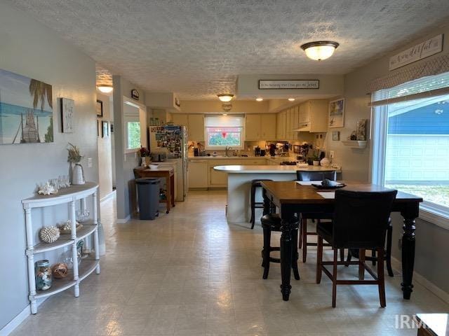 dining space featuring sink and a textured ceiling