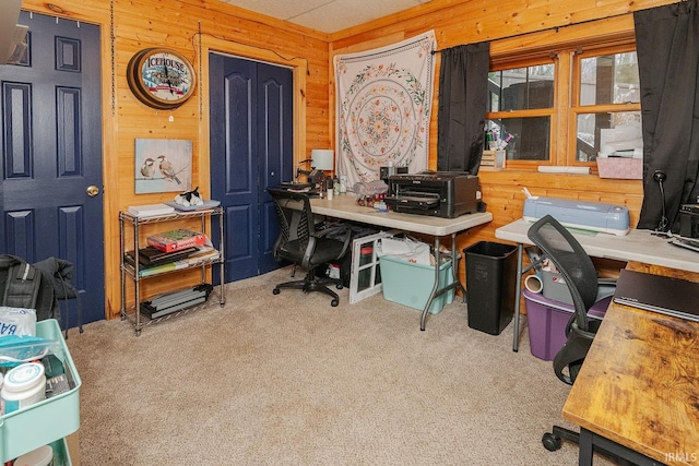 carpeted office with wood walls