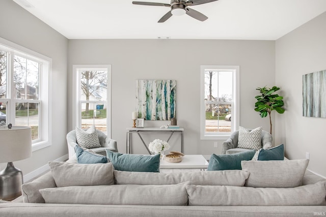 living room featuring ceiling fan and a healthy amount of sunlight