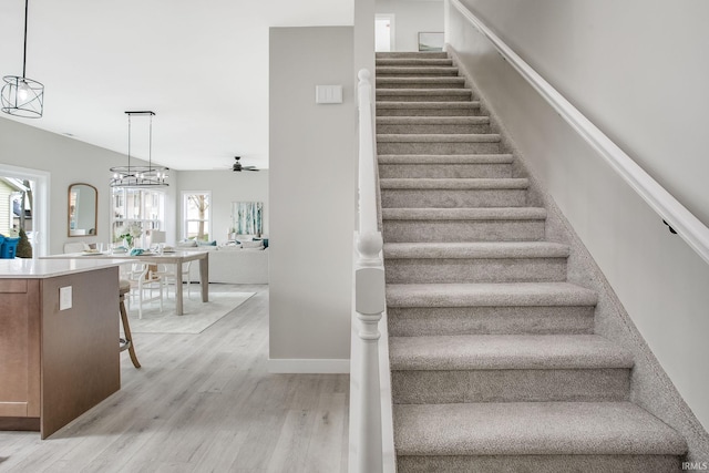 staircase with hardwood / wood-style flooring, a wealth of natural light, and ceiling fan