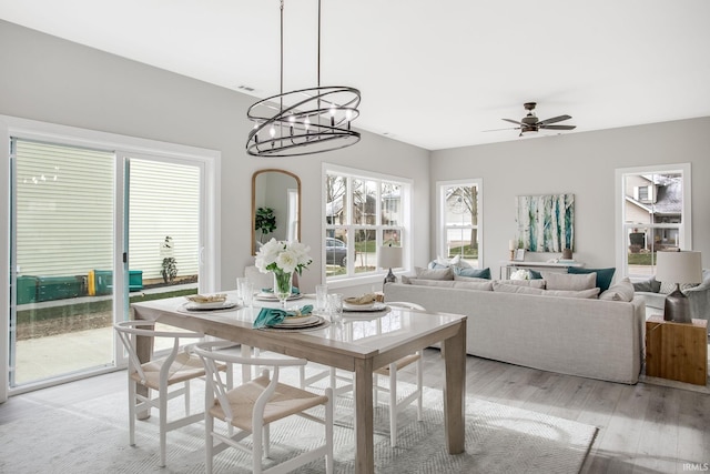 dining room featuring light hardwood / wood-style flooring and ceiling fan with notable chandelier