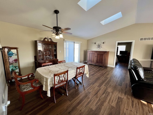 dining area with lofted ceiling with skylight, ceiling fan, and dark wood-type flooring