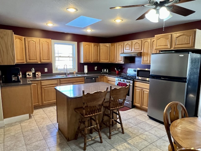 kitchen with a center island, a kitchen breakfast bar, sink, a skylight, and stainless steel appliances