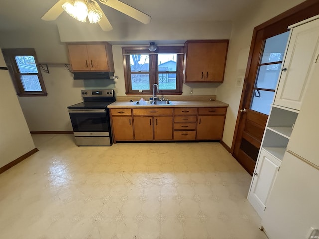 kitchen featuring sink, ceiling fan, and stainless steel electric range