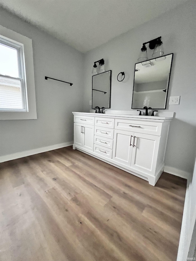 bathroom featuring vanity and wood-type flooring