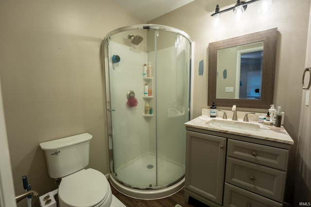 bathroom with vanity, hardwood / wood-style flooring, toilet, and a shower with shower door