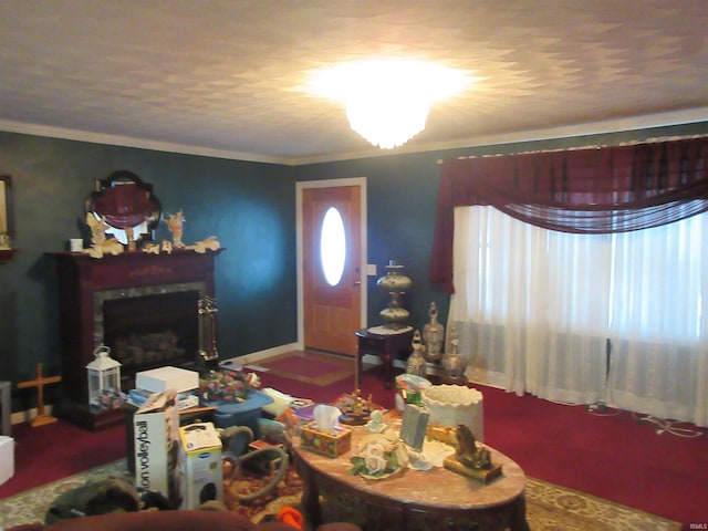 living room featuring a fireplace and crown molding