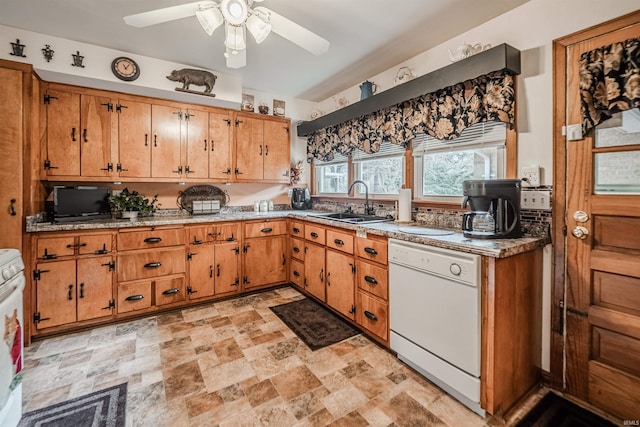 kitchen with ceiling fan, white appliances, and sink