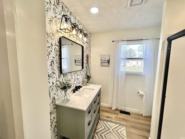 bathroom featuring hardwood / wood-style flooring, vanity, and a textured ceiling