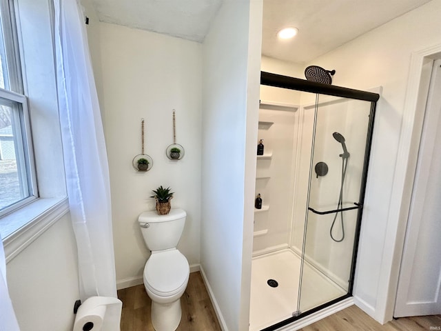 bathroom featuring wood-type flooring, toilet, and walk in shower