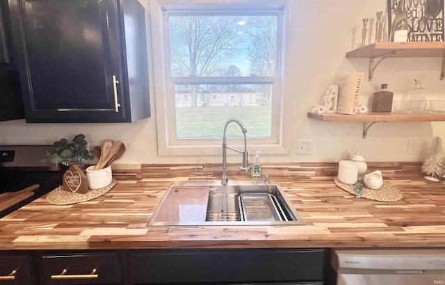 kitchen with dishwashing machine, sink, and wooden counters