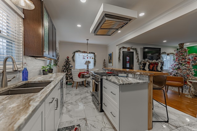 kitchen featuring sink, high end stove, ornamental molding, white cabinetry, and a breakfast bar area