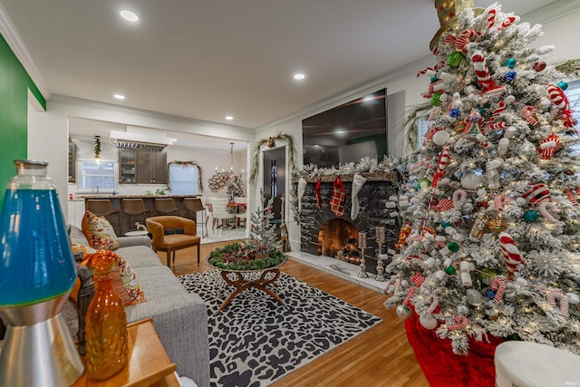 living room with a stone fireplace, crown molding, hardwood / wood-style floors, and sink