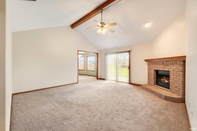 unfurnished living room featuring ceiling fan, beam ceiling, light colored carpet, and a fireplace