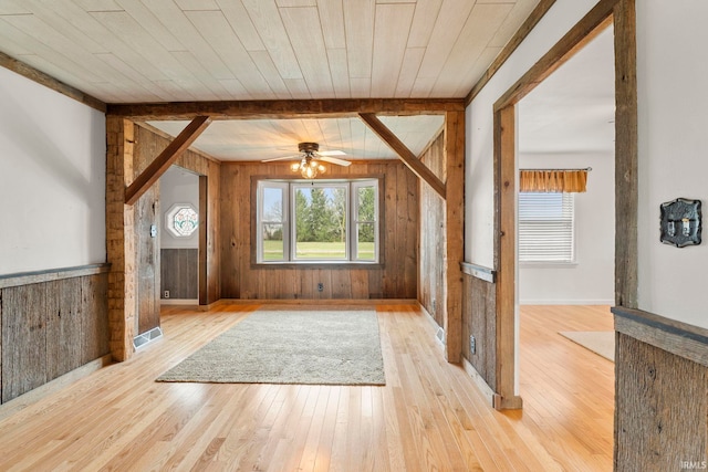 bonus room with ceiling fan, light hardwood / wood-style flooring, wood ceiling, and wood walls