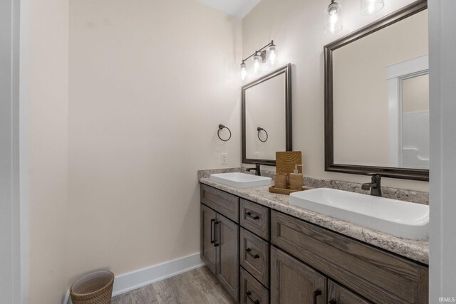 bathroom with vanity and hardwood / wood-style flooring