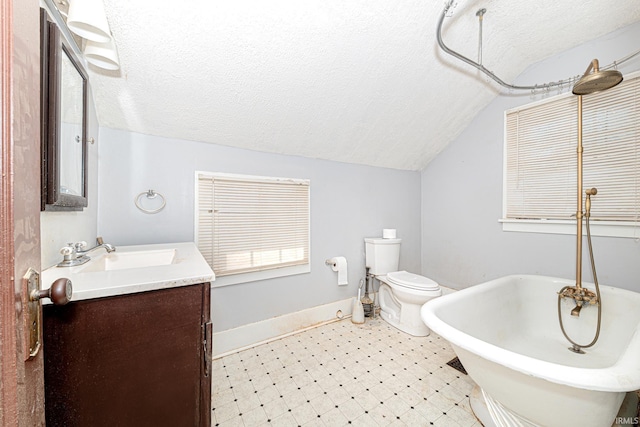 bathroom featuring vanity, vaulted ceiling, a textured ceiling, and a tub