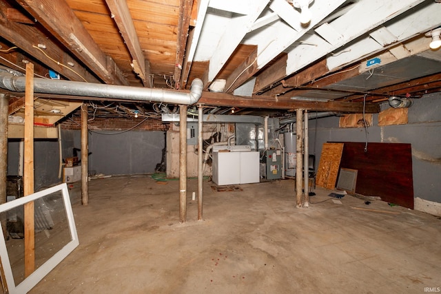 basement featuring washer / clothes dryer, water heater, and electric panel