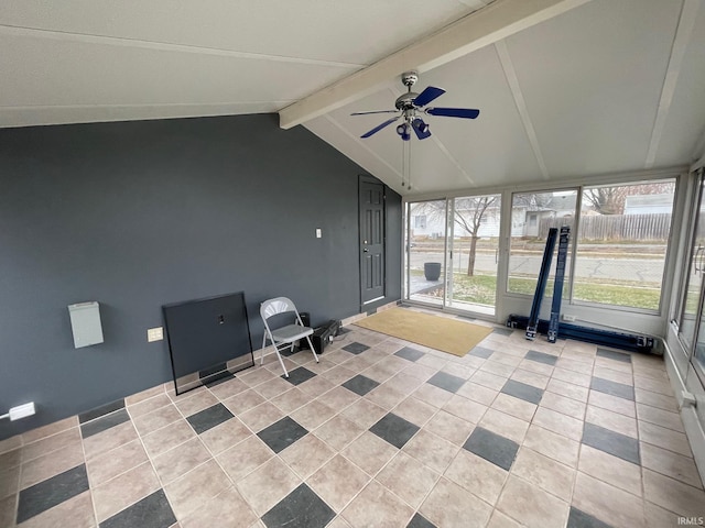 unfurnished sunroom with vaulted ceiling with beams and ceiling fan