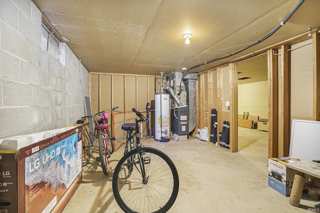 basement with heating unit and water heater