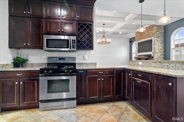 kitchen featuring coffered ceiling, hanging light fixtures, light stone countertops, beamed ceiling, and stainless steel appliances