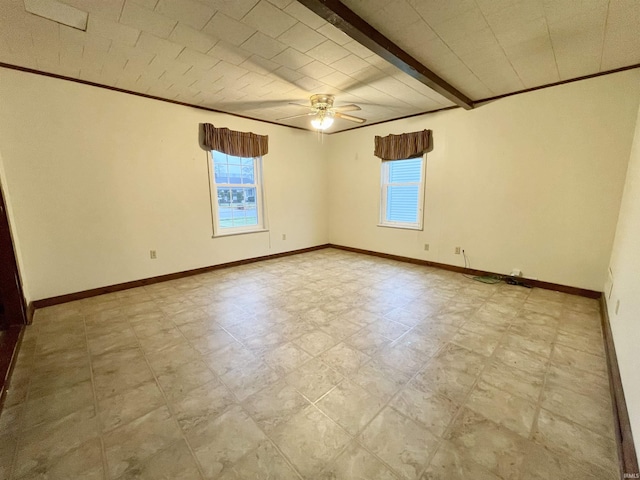 unfurnished room with beam ceiling and ceiling fan