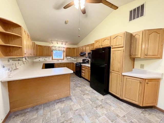 kitchen with ceiling fan, sink, high vaulted ceiling, kitchen peninsula, and black appliances