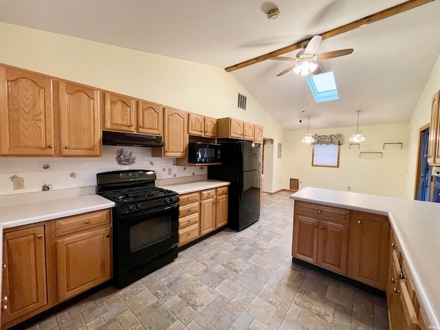 kitchen with a skylight, ceiling fan, hanging light fixtures, backsplash, and black appliances