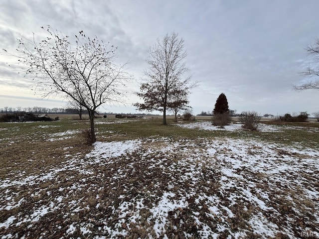 yard layered in snow with a rural view