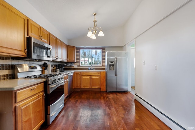 kitchen with backsplash, hanging light fixtures, baseboard heating, dark hardwood / wood-style flooring, and stainless steel appliances