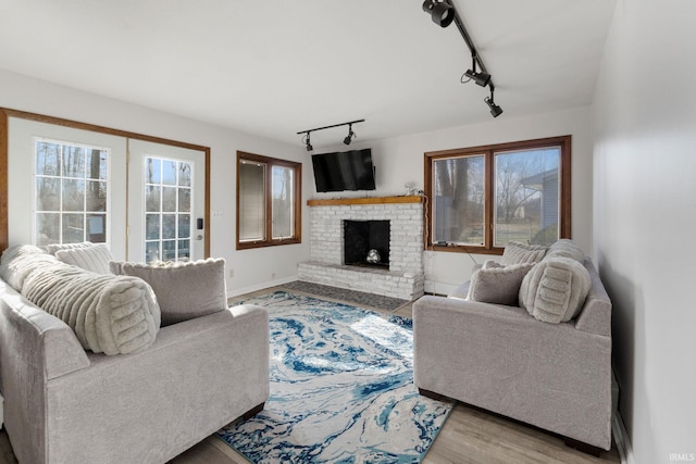 living room featuring light hardwood / wood-style floors, a fireplace, and track lighting